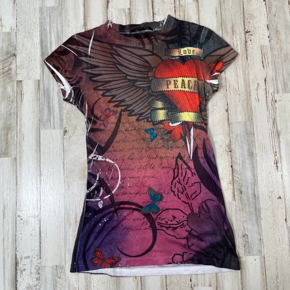 Vintage Y2k Grunge Burn Out Baby Tee Angel Wings Heart Butterfly Womens Small‎ - Picture 1 of 5
